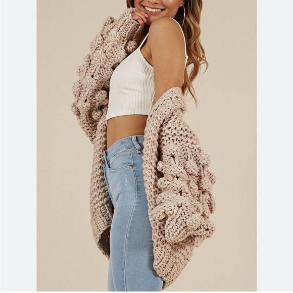 Wishlist Dusty Rose Thick Knitted Knotted Big Sleeved Open Front Midi Cardigan - Picture 3 of 10